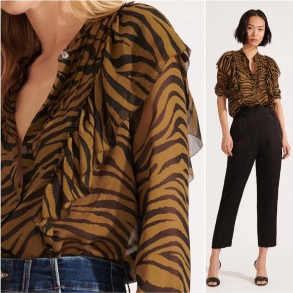 VERONICA BEARD - CAMILLA SILK ZEBRA TOP IN OLIVE - SIZE 8 - Picture 2 of 16